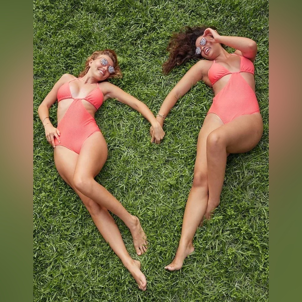 Aerie Jacquard Cut Out String One Piece Swimsuit NWT Coral Sun - Picture 4 of 11